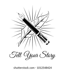 Feather calligraphy pen on white background with beams. Vector illustration