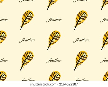 Feather cartoon character seamless pattern on yellow background. Pixel style.