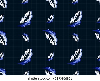 Feather cartoon character seamless pattern on blue background. Pixel style