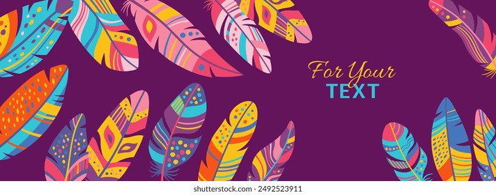 Feather cartoon fantasy banner template. Bohemian poster or postcard with stylized bird feathers, ethnic boho folk ornament. Elegant design decorated birds feathers abstract art. Vector illustration