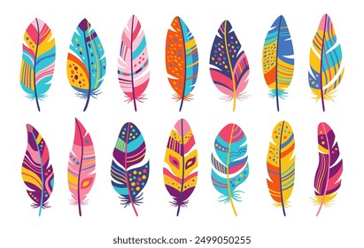 Feather cartoon fantasy set. Colorful stylized bird feathers with ethnic boho folk ornamental patterns. Elegant design decorated birds feathers, abstract naive art. Flat isolated vector illustration