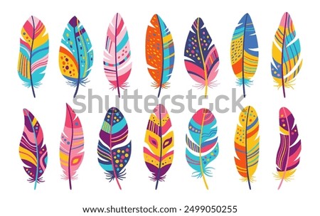 Feather cartoon fantasy set. Colorful stylized bird feathers with ethnic boho folk ornamental patterns. Elegant design decorated birds feathers, abstract naive art. Flat isolated vector illustration