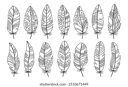 Feather cartoon line set. Doodle stylized bird feathers with ethnic boho folk outline ornamental patterns. Tattoo design decorated birds feathers, abstract naive art. Flat isolated vector illustration