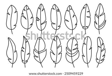 Feather cartoon sign set. Icon stylized bird feathers with ethnic boho folk simple contour. Symbol design decorated birds feathers, abstract naive linear art. Flat isolated vector illustration clipart