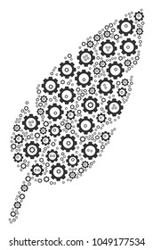 Feather collage of cog wheels. Vector cog wheel items are grouped into feather illustration.