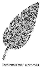 Feather collage of small circles in various sizes and color tints. Circle dots are organized into feather vector mosaic. Dotted vector design concept.