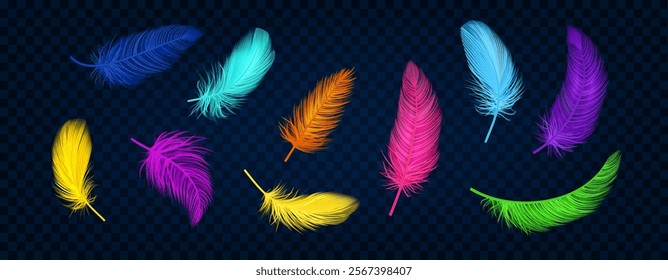 Feather color. Falling plumage 3D bird. Realistic plume animal goose. Airy symbol, soft decorative flying fluff. Design shape quill pen letter. Lightweight sign. Smooth bird. Vector isolated icon