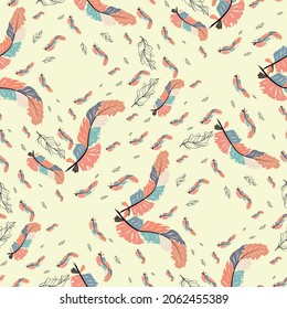 feather. Colorful cute seamless pattern with variety of feathers