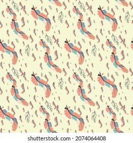 feather. Colorful cute seamless pattern with variety of feathers