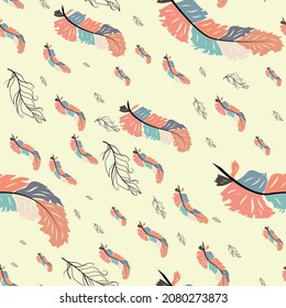 feather. Colorful cute seamless pattern with variety of feathers