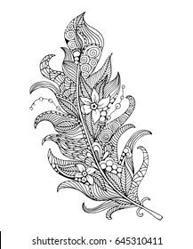 Feather coloring page. Hand-drawing feather