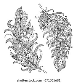 Feather coloring page. Hand-drawing feather