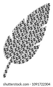 Feather composition of dollars and round dots. Vector dollar pictograms are organized into feather mosaic.