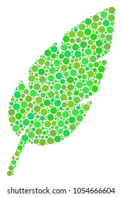 Feather composition of filled circles in variable sizes and ecological green color hues. Vector round dots are combined into feather mosaic. Fresh vector illustration.
