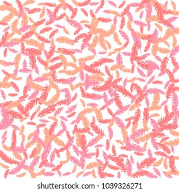 Feather concept pattern vector print. Sophisticated minimalist background with plumelet. Editable backdrop with flying feather elements. Cute vector design, banner background in red, pink, white.