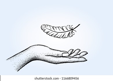 Feather, concept sketch. A feather falls on the palm of a young girl. Vector hand drawn illustration.