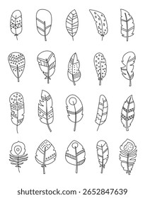 Pena conjunto decorativo em contorno arte linha com decoração símbolos tribais e forma tradicional para sua ilustração e projetos de design com tema étnico natural