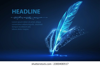 Feather in digital hand. Automatic text generator, AI writing, artificial intelligence copywriter, digital letter, chatgpt storytelling, art technology, electronic signature concept