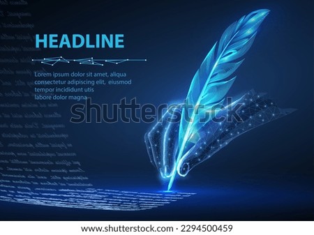 Feather in digital hand. Automatic text generator, AI writing, artificial intelligence copywriter, digital letter, chatgpt storytelling, art technology, electronic signature concept