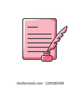 Feather And Document, Feather Letter Icon. Vector graphic illustration, isolated on white background.Vector illustration in flat design.