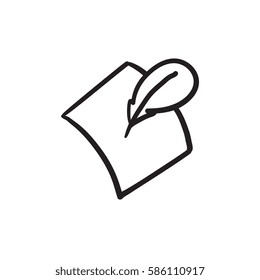 Feather and document vector sketch icon isolated on background. Hand drawn Feather and document icon. Feather and document sketch icon for infographic, website or app.