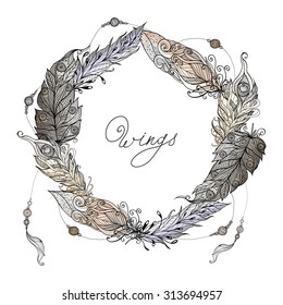 Feather doodle frame with wings calligraphy text inside vector illustration