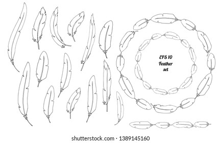 Feather doodle style hand drawn set with circle round border and brush. Line art, sketch style vector illustration collection.