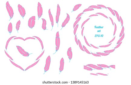 Feather doodle style hand drawn set with circle round border and brush. Pink heart feather frame. Line art, sketch style vector illustration collection. 