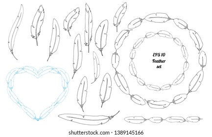 Feather doodle style hand drawn set with circle round border and brush. Heart feather frame. Line art, sketch style vector illustration collection.
