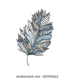 Feather in doodle style. Ornamental colorful fill. Isolated on white. Vector illustration