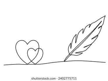 The feather draws two hearts one line drawing vector illustration.