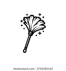Feather duster cleaning icon black and white vector illustration with sparkling dust for housekeeping and cleaning service design