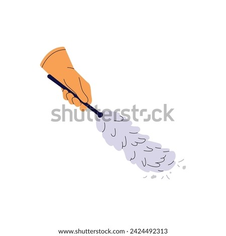 Feather duster in hand. Dust cleaner, brush, broom to wipe dirt, cleaning home. Sweeping supplies. Housework tools, housekeeping equipment. Flat isolated vector illustration on white background