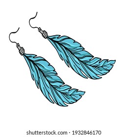 Feather earring in light blue colors. Summer accessory. Vector illustration