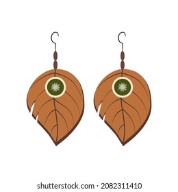 Feather earrings with a green stone in boho style on a white background