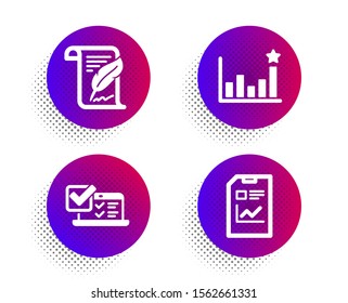 Feather, Efficacy and Online survey icons simple set. Halftone dots button. Report document sign. Copyright page, Business chart, Quiz test. Statistics file. Education set. Vector