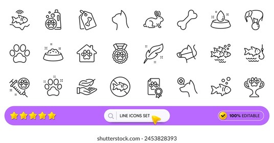 Pluma, elefante en la bola y los iconos de la línea de pescado para el App de Web. Pack de garra de perro, cuidado de mascotas, iconos de pictograma de tazón de agua. Certificado de perro, Acepta mascotas, Señales de Stop fishing. Refugio para mascotas. Barra de Búsqueda. Vector