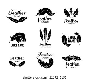 Feather emblem. Soft plume label, bird wing feathers silhouette with text template and law company badge vector set of feather logo soft, lightweight label illustration