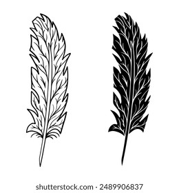 Feather engraved in sketch style isolated on white background. Vintage hand drawn ink sketch.