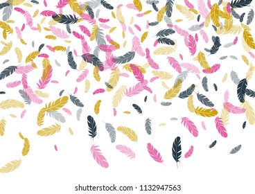 Feather ethnic background vector print.  Weightless background with plumelet. Flying feather elements cute vector background design for card, banner.