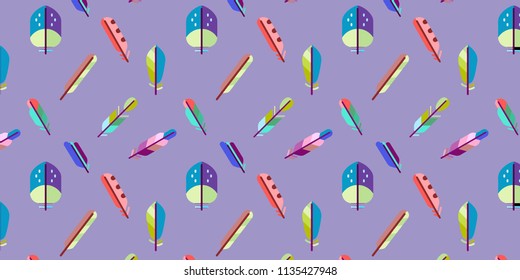 Feather ethnic background vector print. Trendy background with plumelet. Flying feather elements cute vector background design for card, banner.