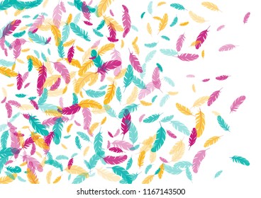 Feather ethnic background vector print.  Carnival background with plumelet. Flying feather elements cute vector design for card, banner.