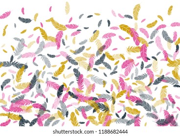 Feather ethnic background vector print.  Carnival background with plumelet. Flying feather elements cute vector background design for card, banner.