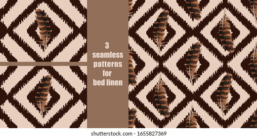 Feather and ethnic ornamental seamless patterns set for bed linen set