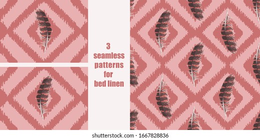 Feather and ethnic ornamental seamless patterns set for bed linen set
