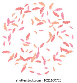 Feather ethnic pattern vector print. Beautiful minimalist background with plumelet. Editable backdrop with flying feather elements. Cute vector design, banner background in red on white.