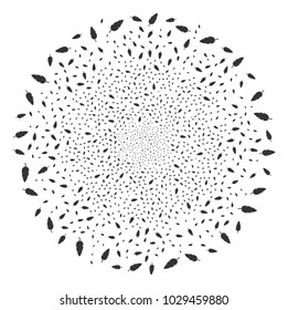 Feather fireworks circle. Object pattern created from scattered feather design elements as burst circle. Vector illustration style is flat iconic symbols.