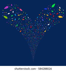 Feather fireworks stream. Vector illustration style is flat bright multicolored iconic symbols on a blue background. Object double fountain constructed from random symbols.