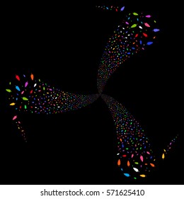Feather fireworks swirl rotation. Vector illustration style is flat bright multicolored iconic symbols on a black background. Object spiral made from random pictograms.