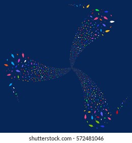 Feather fireworks swirl rotation. Vector illustration style is flat bright multicolored iconic symbols on a blue background. Object spiral organized from random pictographs.